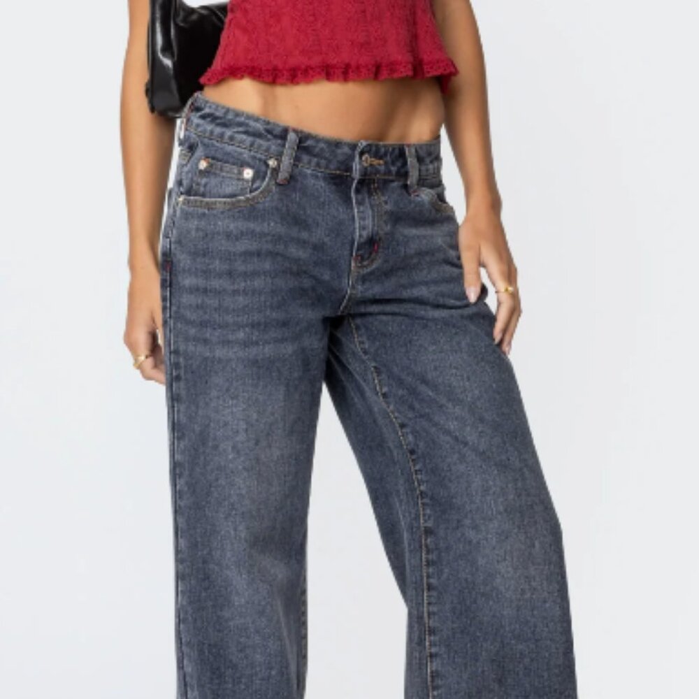 Edikted Ace Low Rise Baggy Jeans - Dark Blue Size Small